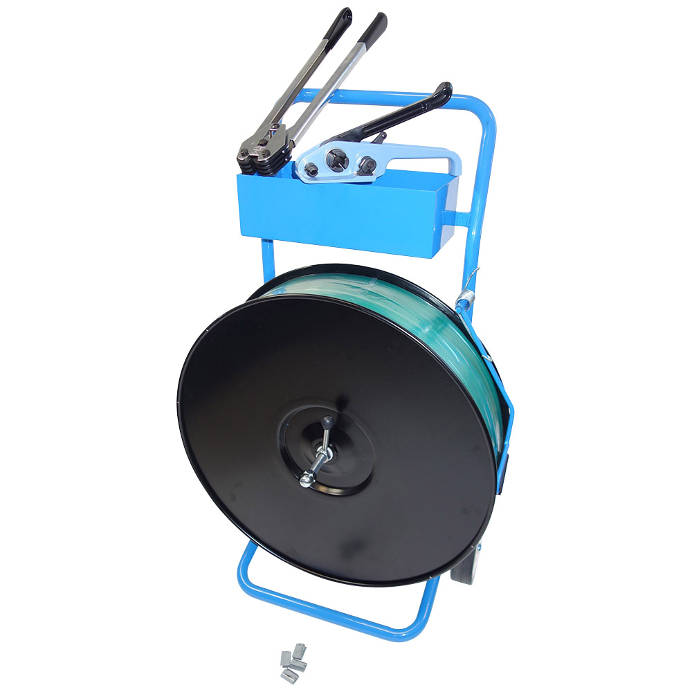 PET-UMREIFUNGS-SET "LA" 16 MM INCL. ABROLLWAGEN, BAND , SPANNER, ZANGE UND VERSCHLUSSHÜLSEN PET-UMREIFUNGS-SET "LA" 16 MM INCL. ABROLLWAGEN, BAND , SPANNER, ZANGE UND VERSCHLUSSHÜLSEN